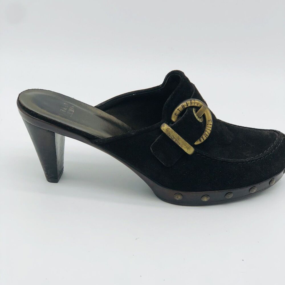 Stuart Weitzman Mules Clogs 9 Brown Suede Buckle Rivet Heel Bohemian Festival